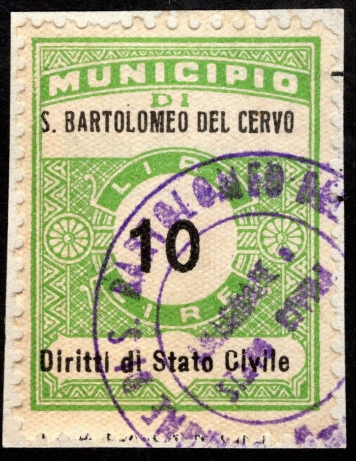 Marca da Bollo del Comune di SAN BARTOLOMEO AL CERVO su Carta Bianca di dimensioni 21 X 27 mm
