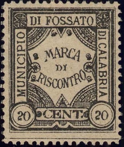 Marca da Bollo del Comune di FOSSATO DI CALABRIA su Carta Bianca di dimensioni 23 x 27 mm