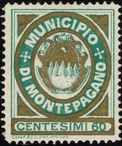 Marca da Bollo del Comune di MONTEPAGANO su Carta Bianca di dimensioni 24,5 x 30,5 mm