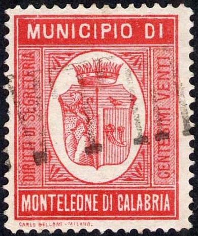 Marca da Bollo del Comune di MONTELEONE DI CALABRIA su Carta Bianca di dimensioni 22,5 x 28,5 mm