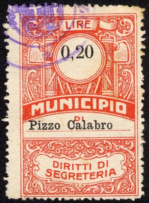 Marca da Bollo del Comune di PIZZO CALABRO su Carta Bianca Sottile di dimensioni 28 x 43,5 mm