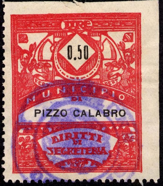 Marca da Bollo del Comune di PIZZO CALABRO su Carta Bianca di dimensioni 22 x 37 mm