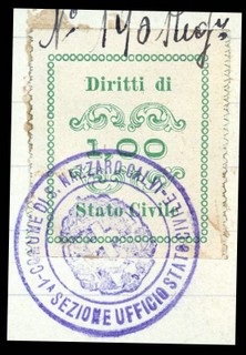 Marca da Bollo del Comune di SAN NAZZARO CALVI su Carta Bianca di dimensioni 22 x 25,5 mm