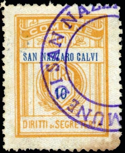 Marca da Bollo del Comune di SAN NAZZARO CALVI su Carta Bianca di dimensioni 21 X 27 mm