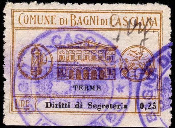 Marca da Bollo del Comune di BAGNI DI CASCIANA su Carta Bianca di dimensioni 38 x 25,5 mm