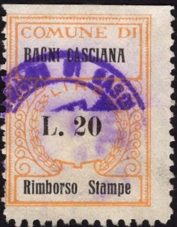 Marca da Bollo del Comune di BAGNI DI CASCIANA su Carta Bianca di dimensioni 23 x 29 mm