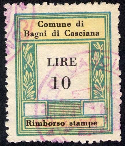 Marca da Bollo del Comune di BAGNI DI CASCIANA su Carta Bianca di dimensioni 23,5 X 30,5 mm