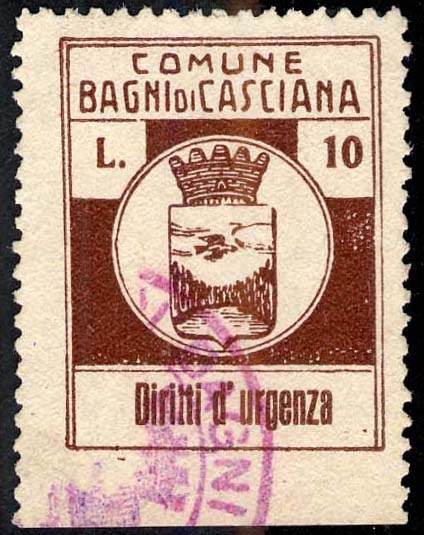 Marca da Bollo del Comune di BAGNI DI CASCIANA su Carta Bianca di dimensioni 23 x 29 mm