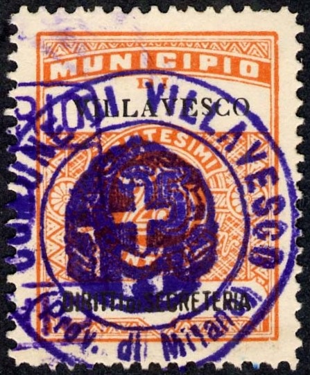 Marca da Bollo del Comune di VILLAVESCO su Carta Bianca di dimensioni 22,5 x 29 mm
