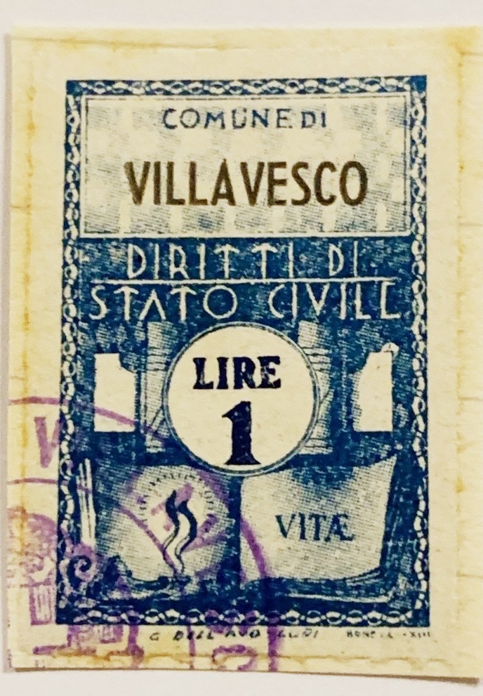 Marca da Bollo del Comune di VILLAVESCO su Carta Bianca di dimensioni 22,5 x 31 mm