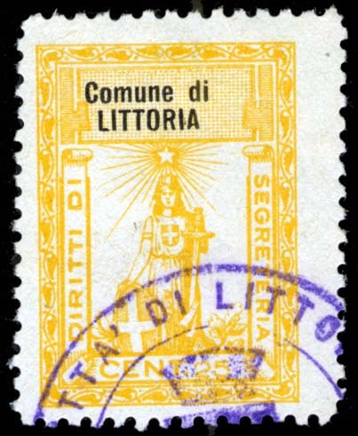Marca da Bollo del Comune di LITTORIA su Carta Bianca di dimensioni 20,5 x 29 mm