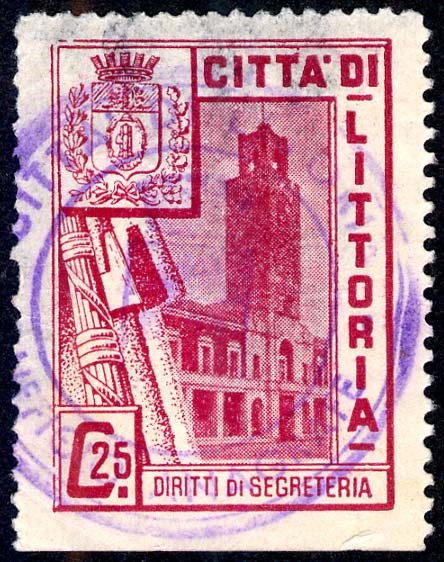 Marca da Bollo del Comune di LITTORIA su Carta Bianca di dimensioni 22 x 29 mm