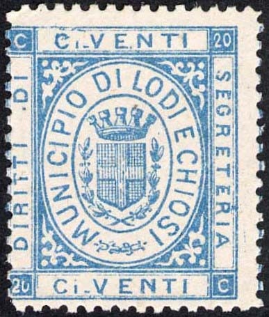 Marca da Bollo del Comune di LODI E CHIOSO su Carta Bianca di dimensioni 23 x 27 mm