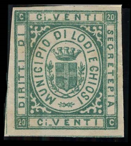 Marca da Bollo del Comune di LODI E CHIOSO su Carta Bianca di dimensioni 23,5 x 26,5 mm