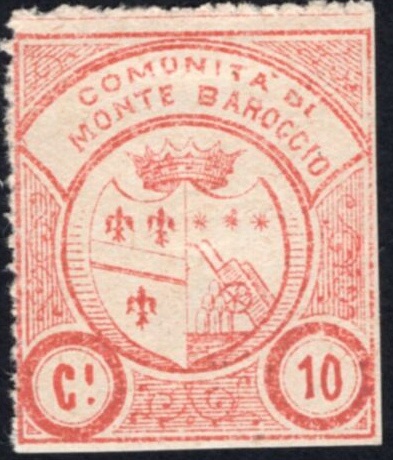 Marca da Bollo del Comune di MONTE BAROCCIO su Carta Bianca di dimensioni 27,5 x 31,5 mm