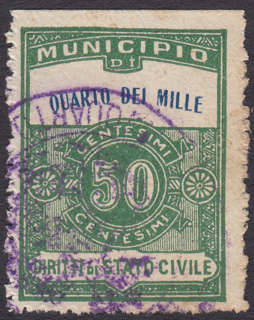 Marca da Bollo del Comune di QUARTO DEI MILLE su Carta Bianca di dimensioni 24 x 33 mm