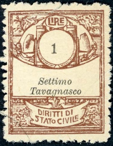 Marca da Bollo del Comune di SETTIMO TAVAGNASCO su Carta Bianca di dimensioni 22,5 x 29 mm
