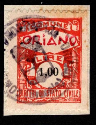 Marca da Bollo del Comune di ORIANO NEL POLESINE su Carta Bianca di dimensioni 22 x 29 mm