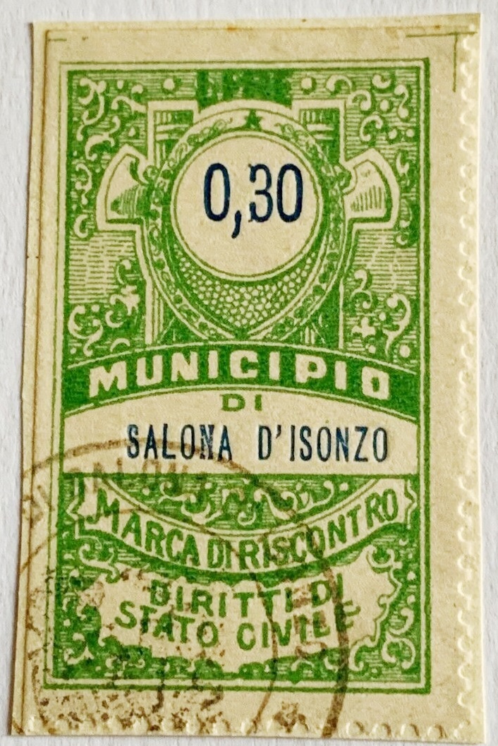Marca da Bollo del Comune di SALONA D´ISONZO su Carta Bianca di dimensioni 22,5 X 42 mm
