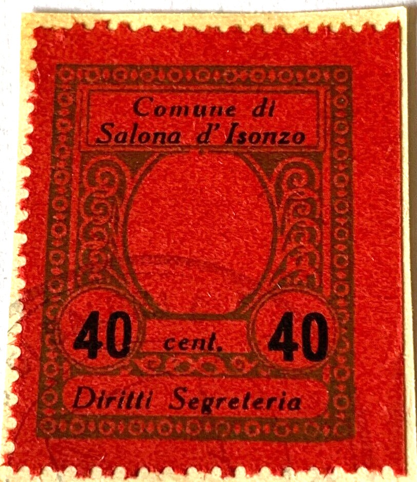 Marca da Bollo del Comune di SALONA D´ISONZO su Carta Colorata di dimensioni 21 X 27 mm