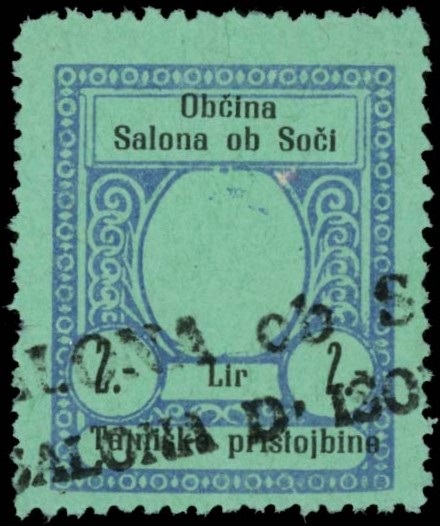 Marca da Bollo del Comune di SALONA D´ISONZO su Carta Colorata di dimensioni 21 X 27 mm