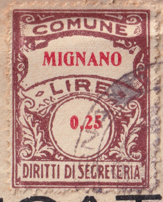 Marca da Bollo del Comune di MIGNANO su Carta Bianca di dimensioni 22 x 29 mm