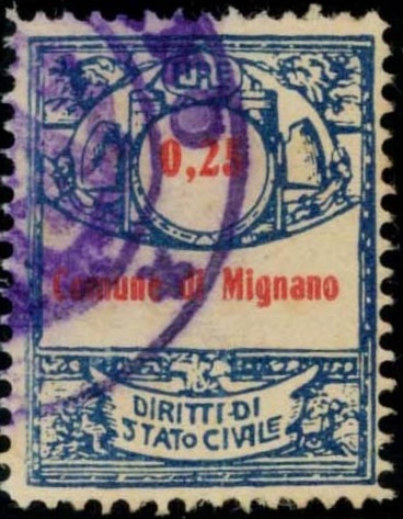 Marca da Bollo del Comune di MIGNANO su Carta Bianca di dimensioni 22 x 28 mm