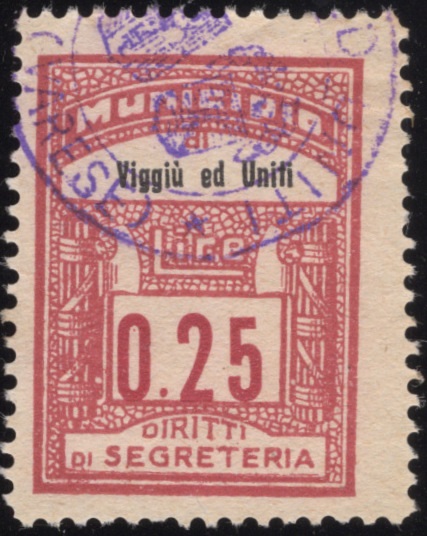 Marca da Bollo del Comune di VIGGIU ED UNITI su Carta Bianca di dimensioni 21 X 32 mm