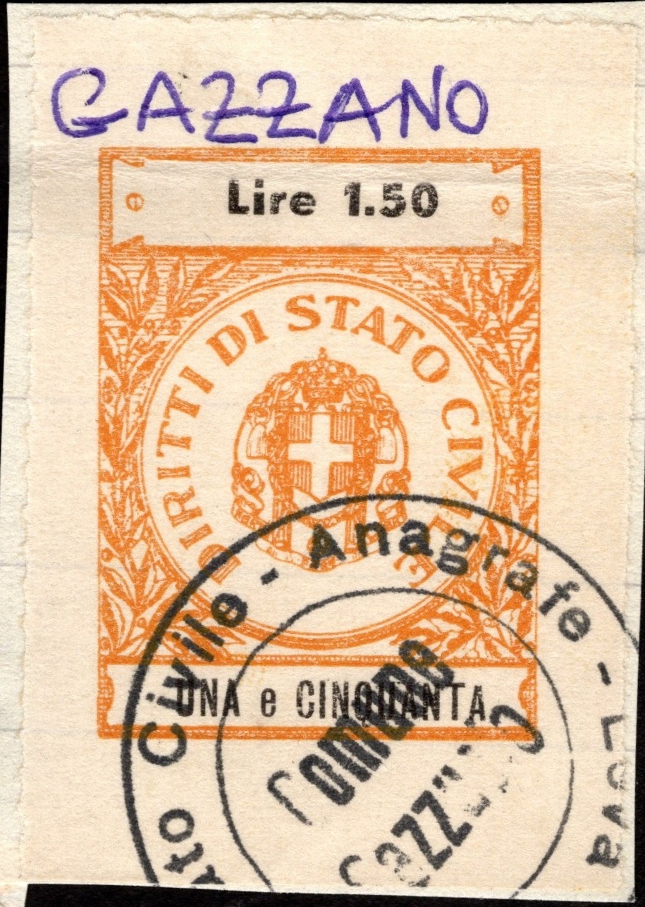 Marca da Bollo del Comune di GAZZANO su Carta Bianca di dimensioni 22 X 33 mm